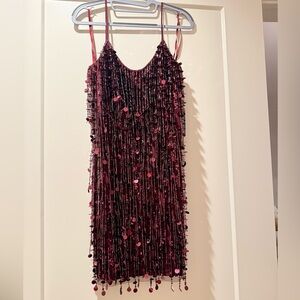Elegant Bead and sequin embellished, fringe Mini Dress - Burgundy / Dark red